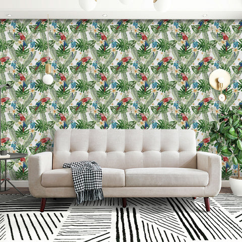 Plantain greenery with flowers and birds in the forest wallpaper