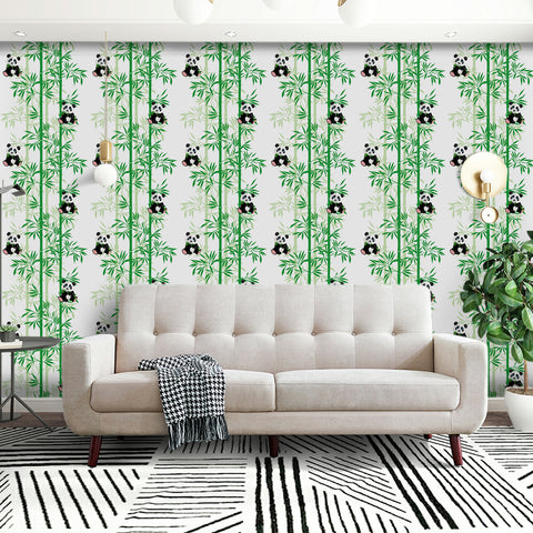 Adorable Panda Forest Wallpaper - Fresh Green Bamboo and Playful Pandas in a Cheerful Design