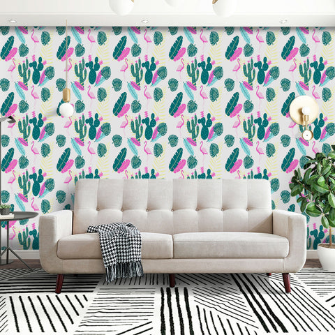 Tropical Vibe Forest Wallpaper - Vivid Pink Flamingos and Dark Green Cacti in a Whimsical Design