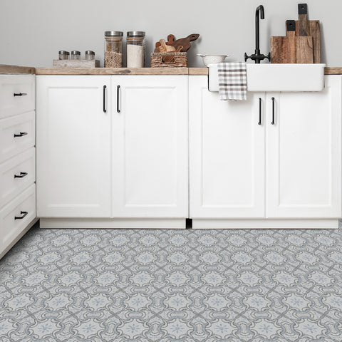 Light Grey Floral Pattern Floor Tile Stickers Elegant Flower Peel and Stick