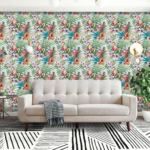 Tropical plants and flowers with flamingos forest wallpaper