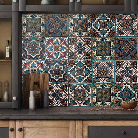 Retro blue and orange: the exotic style of tile stickers