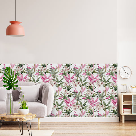 Tropical Vibe Wallpaper - Lively Design of Pink Flamingos Intertwined with Green Leaves