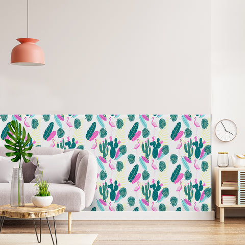 Tropical Vibe Forest Wallpaper - Vivid Pink Flamingos and Dark Green Cacti in a Whimsical Design