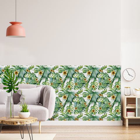 Tropical Floral Forest Wallpaper - Fresh Green Leaves with Bright Yellow Flowers in Natural Harmony