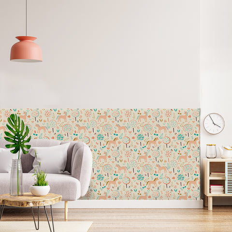 Fresh literary style: cartoon ponies and plants painted in the forest wallpaper