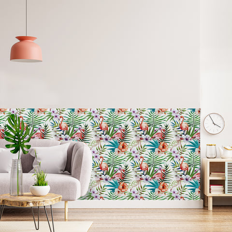 Tropical plants and flowers with flamingos forest wallpaper