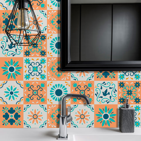 Fresh orange and blue: the vibrant beauty of tile stickers