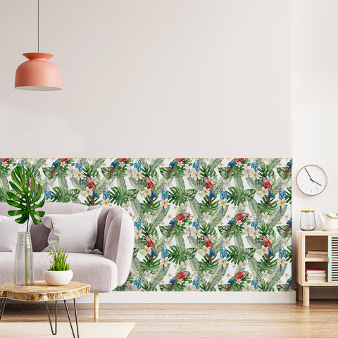 Plantain greenery with flowers and birds in the forest wallpaper