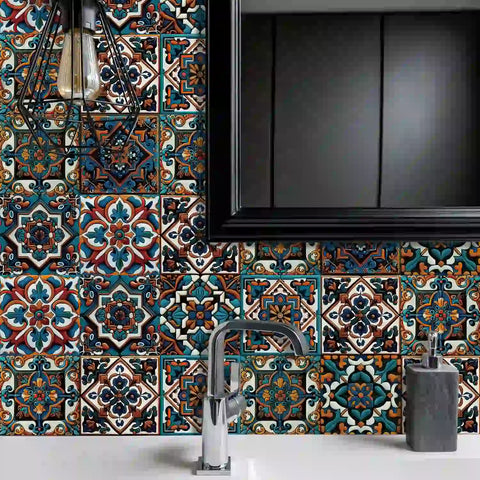 Retro blue and orange: the exotic style of tile stickers