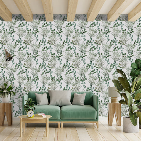 Natural Style Forest Wallpaper - Fresh Green Plants with Delicate Linework Elegance