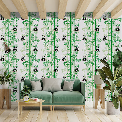 Adorable Panda Forest Wallpaper - Fresh Green Bamboo and Playful Pandas in a Cheerful Design