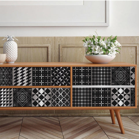 Black and silver classic: simple tile stickers with white patterns