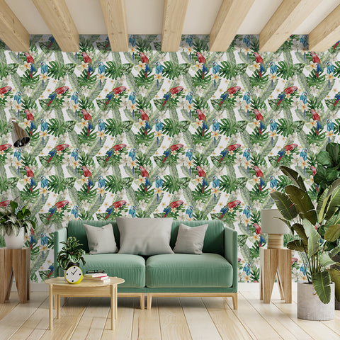 Plantain greenery with flowers and birds in the forest wallpaper