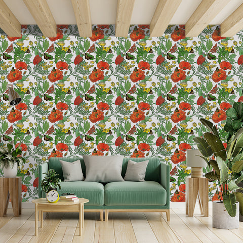 Garden Vibe Forest Wallpaper - Vibrant Red Poppies and Colorful Butterflies in Lively Design