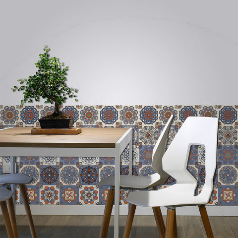 Ethnic style: folk tile stickers with blue, orange and white interweaving