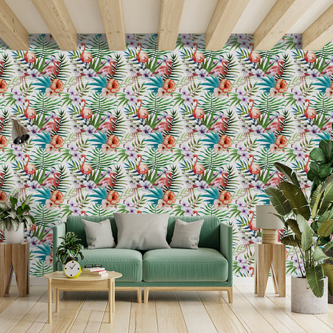 Tropical plants and flowers with flamingos forest wallpaper