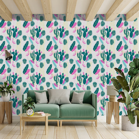 Tropical Vibe Forest Wallpaper - Vivid Pink Flamingos and Dark Green Cacti in a Whimsical Design