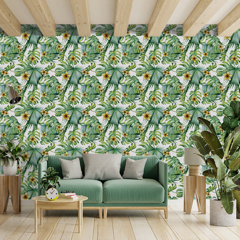 Tropical Floral Forest Wallpaper - Fresh Green Leaves with Bright Yellow Flowers in Natural Harmony