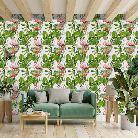 Tropical Flamingo Forest Wallpaper - Vivid Pink Flamingos Amidst Lush Green Foliage