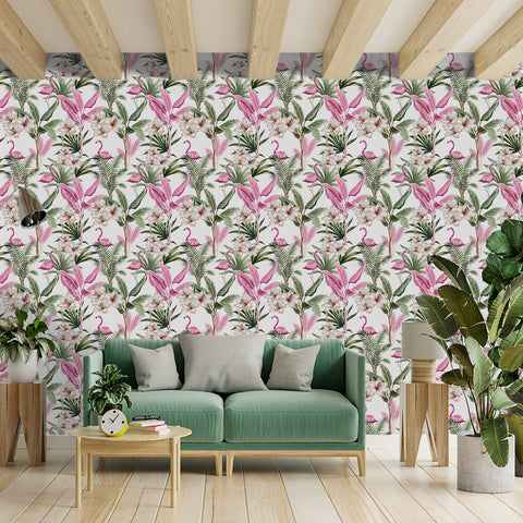 Tropical Vibe Wallpaper - Lively Design of Pink Flamingos Intertwined with Green Leaves