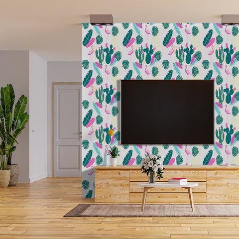 Tropical Vibe Forest Wallpaper - Vivid Pink Flamingos and Dark Green Cacti in a Whimsical Design