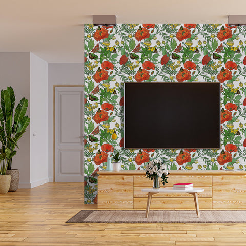 Garden Vibe Forest Wallpaper - Vibrant Red Poppies and Colorful Butterflies in Lively Design