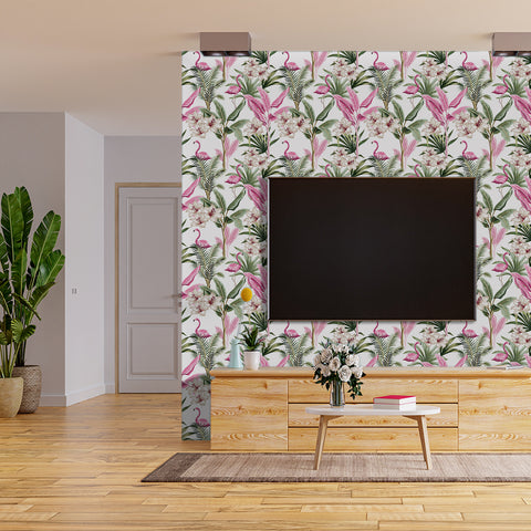 Tropical Vibe Wallpaper - Lively Design of Pink Flamingos Intertwined with Green Leaves