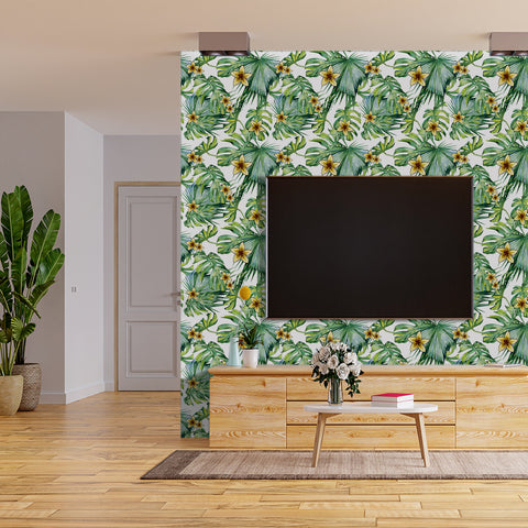 Tropical Floral Forest Wallpaper - Fresh Green Leaves with Bright Yellow Flowers in Natural Harmony