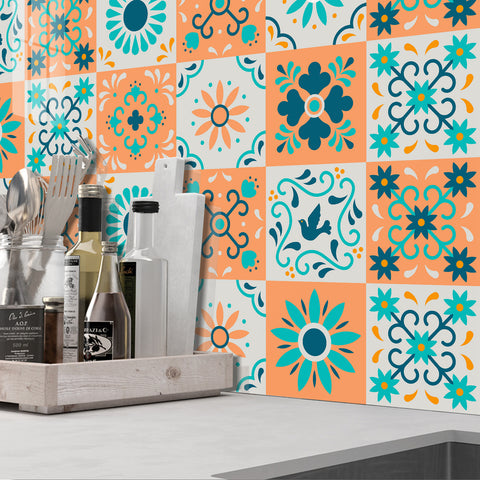 Fresh orange and blue: the vibrant beauty of tile stickers