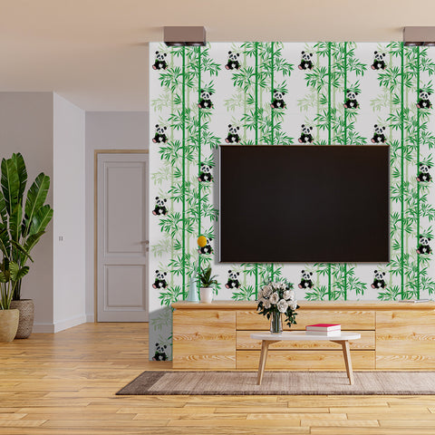 Adorable Panda Forest Wallpaper - Fresh Green Bamboo and Playful Pandas in a Cheerful Design