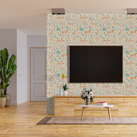 Fresh literary style: cartoon ponies and plants painted in the forest wallpaper