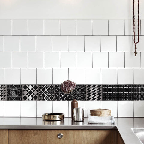 Black and silver classic: simple tile stickers with white patterns