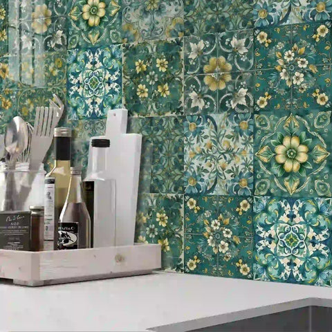 Fresh green and gold tone: the natural elegance of tile stickers