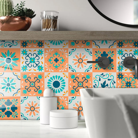 Fresh orange and blue: the vibrant beauty of tile stickers