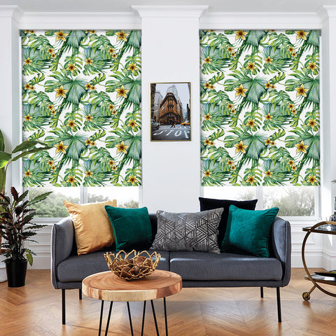 Tropical Floral Forest Wallpaper - Fresh Green Leaves with Bright Yellow Flowers in Natural Harmony