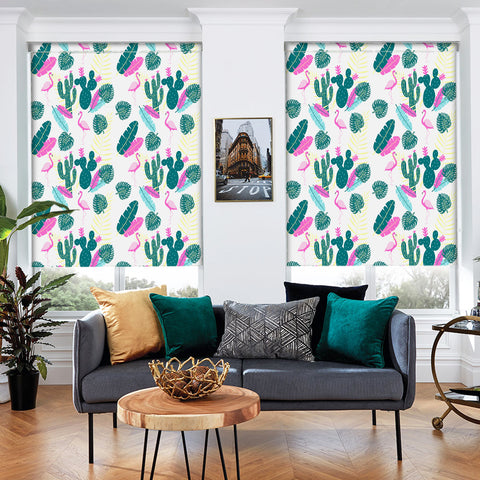 Tropical Vibe Forest Wallpaper - Vivid Pink Flamingos and Dark Green Cacti in a Whimsical Design