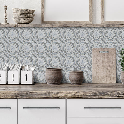 Light Grey Floral Pattern Floor Tile Stickers Elegant Flower Peel and Stick