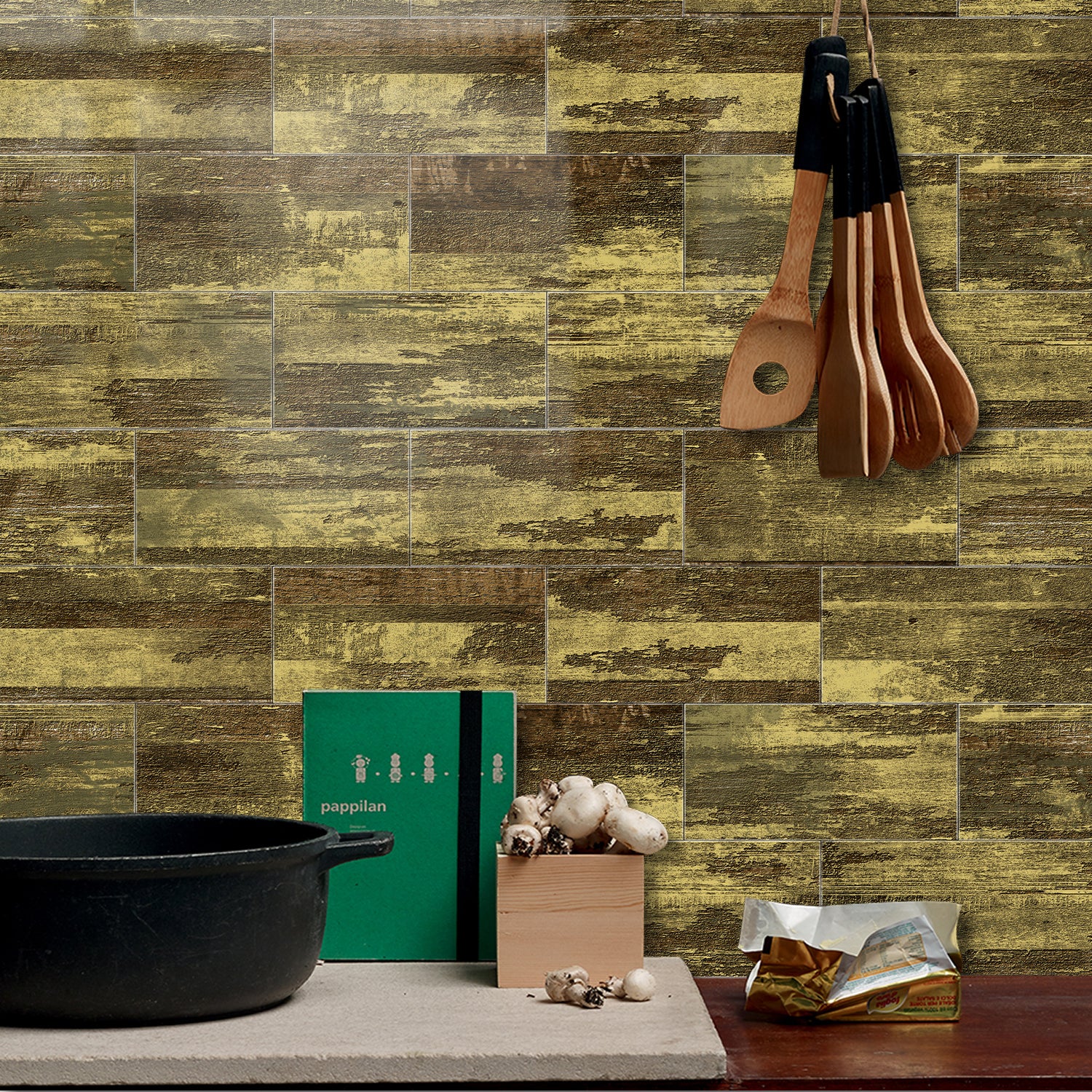 Oil-Proof Brown Yellow Wood Looking Wallpaper for Kitchen