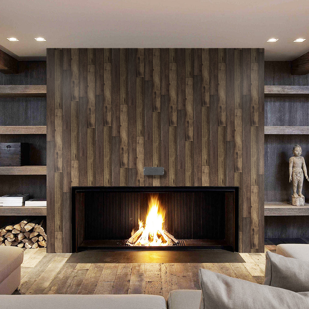 Gray and Brown Wallpaper over Wood Paneling for Living Room