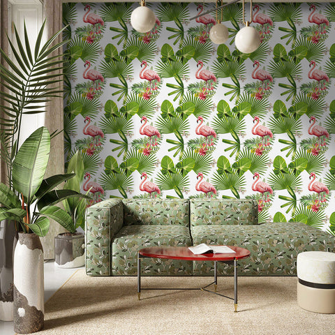 Tropical Flamingo Forest Wallpaper - Vivid Pink Flamingos Amidst Lush Green Foliage