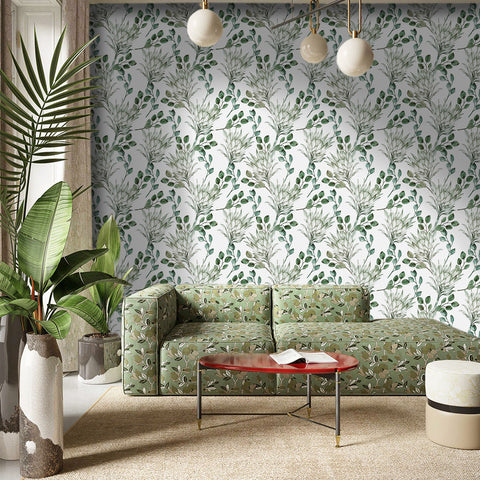 Natural Style Forest Wallpaper - Fresh Green Plants with Delicate Linework Elegance