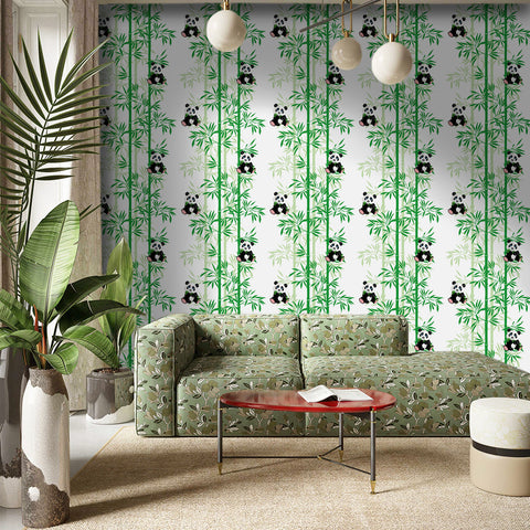 Adorable Panda Forest Wallpaper - Fresh Green Bamboo and Playful Pandas in a Cheerful Design