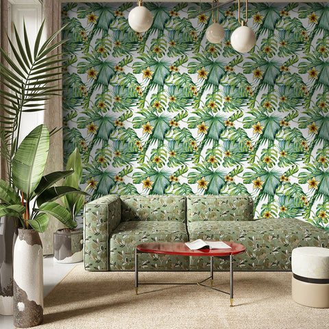 Tropical Floral Forest Wallpaper - Fresh Green Leaves with Bright Yellow Flowers in Natural Harmony