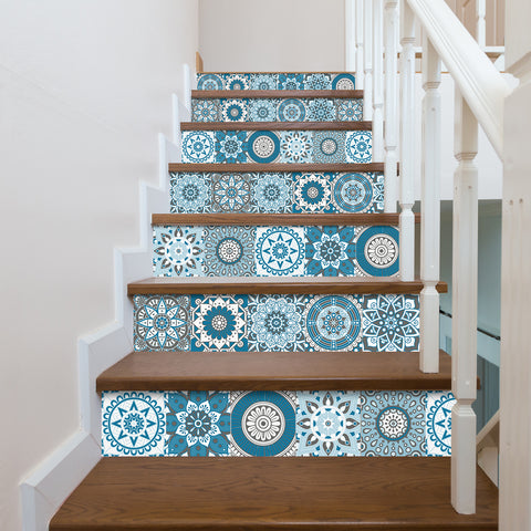 Blue and white mandala tile stickers: interpreting the beauty of mystery and tranquility