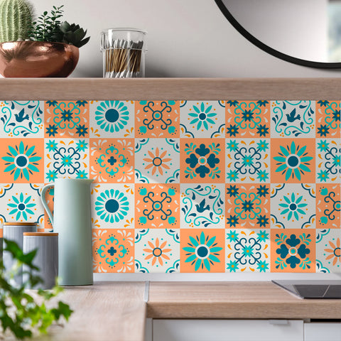 Fresh orange and blue: the vibrant beauty of tile stickers