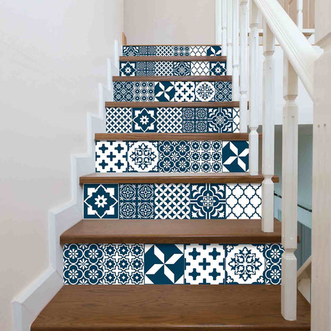 Blue and White Geometric Tiles Creative tile stickers