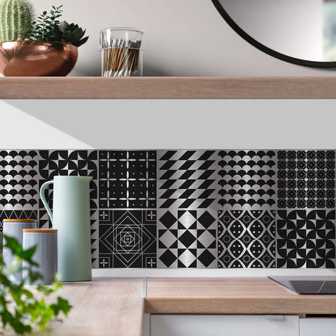 Black and silver classic: simple tile stickers with white patterns