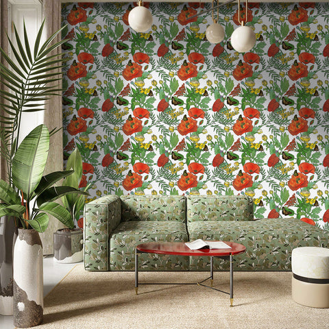 Garden Vibe Forest Wallpaper - Vibrant Red Poppies and Colorful Butterflies in Lively Design