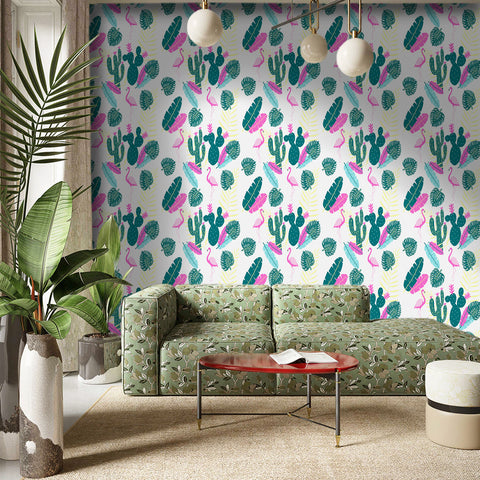 Tropical Vibe Forest Wallpaper - Vivid Pink Flamingos and Dark Green Cacti in a Whimsical Design